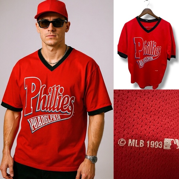 248 MLB | EUC Vintage Philadelphia Phillies Red V-Neck Jersey Tee 1993 (Sz L) - Picture 1 of 12